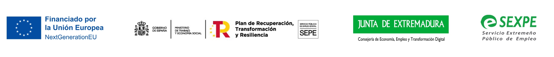 Logo de la Unión Europea, Logo del Ministerio de Trabajo y Economía Social, Plan de Recuperación, Transformación y Resiliencia del Gobierno de España, Logo de la Junta de Extremadura y logo del Servicio Extremeño Público de Empleo.